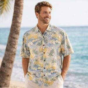 Tommy Bahama 100% Silk Hawaiian Camp Shirt Yellow Palm Print Size Large L